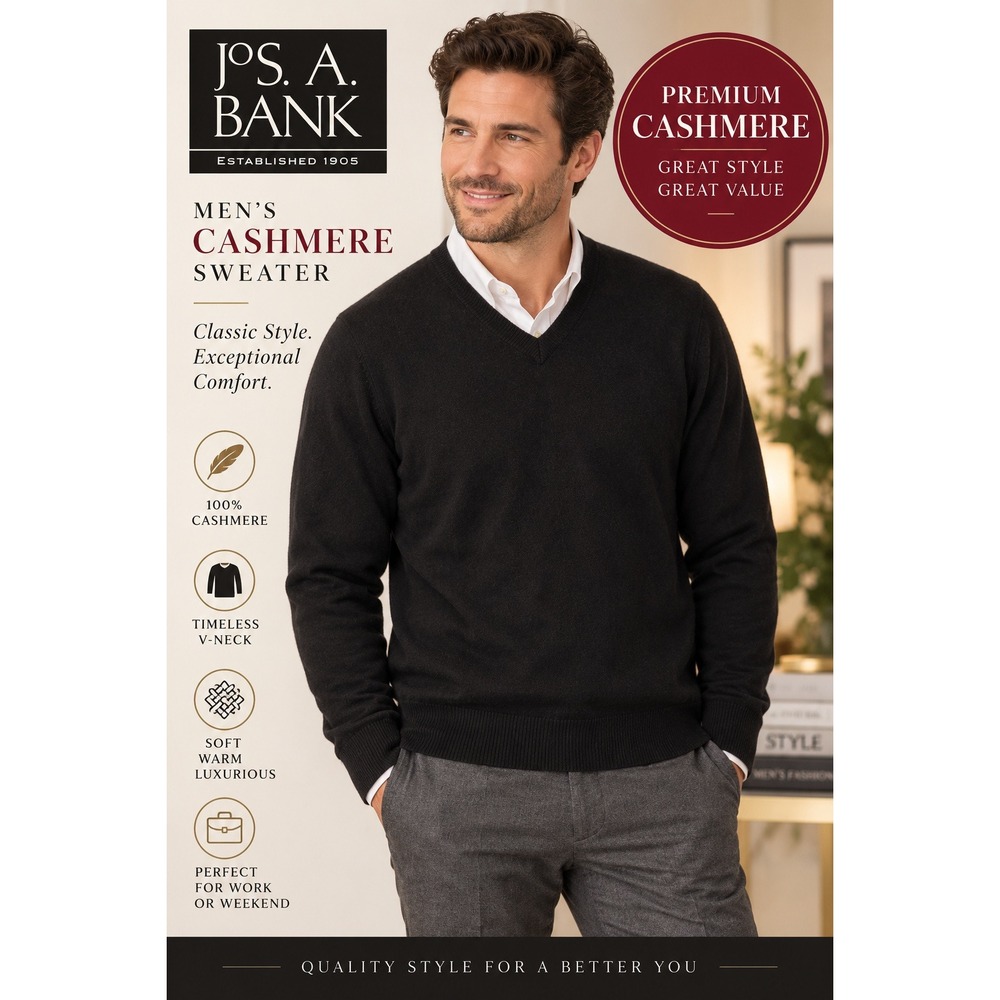 Jos. A. Bank Mens 100% Cashmere V-Neck Sweater Black Long Sleeve Pullover